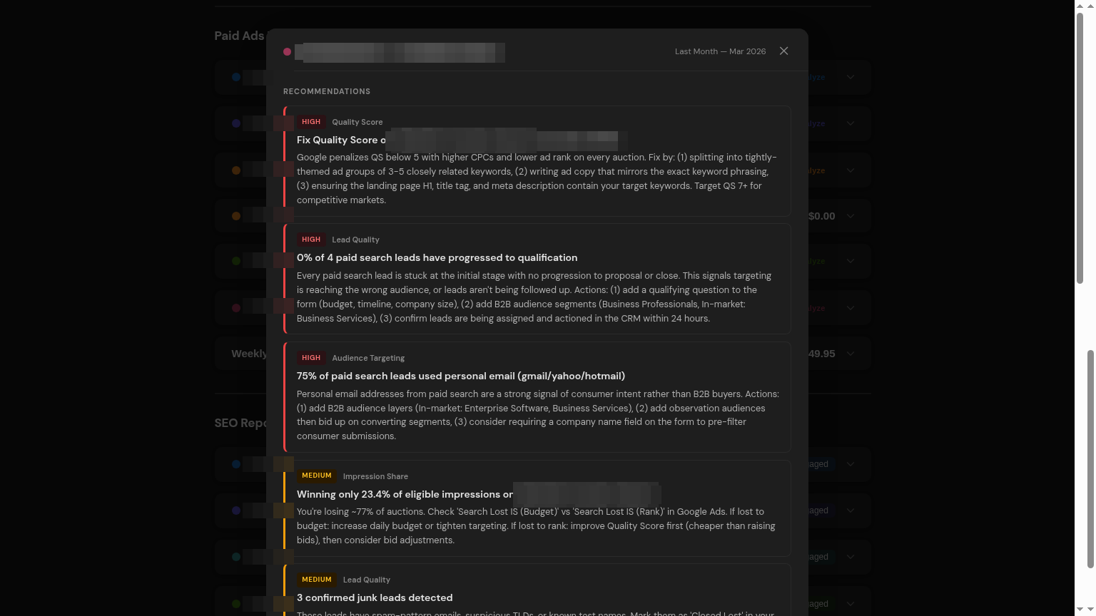 Layer 3 campaign analysis modal with HIGH and MEDIUM priority recommendations and plain-English actions
